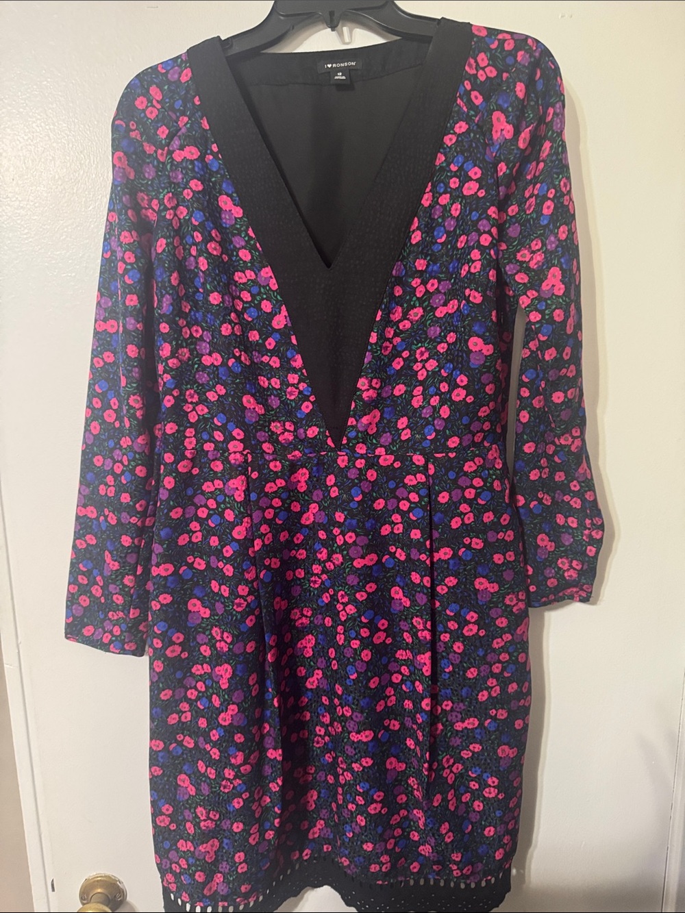 Black Long Sleeve Floral V-Neck Dress - Pink & Blue Bloom